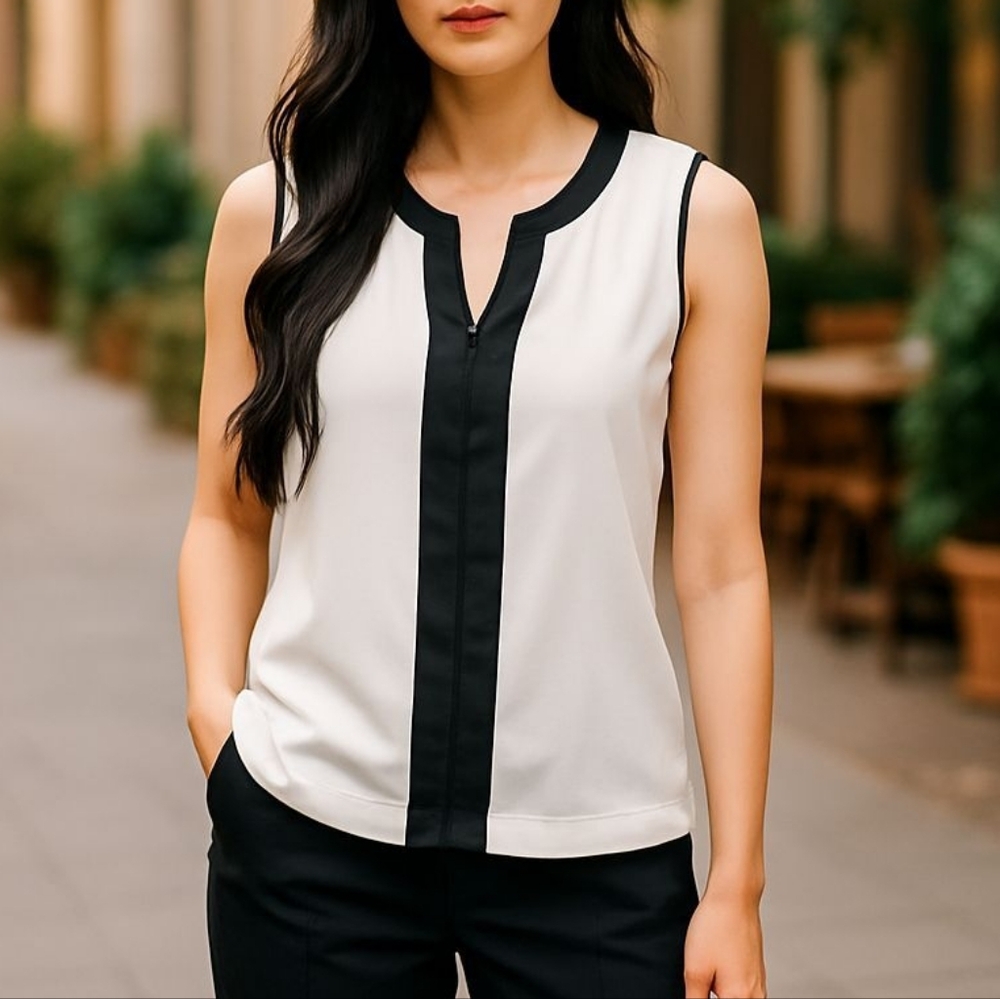 Calvin Klein Women's Sleeveless Blouse - White with Black Trim
